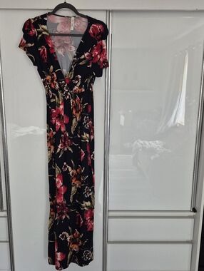 Black Floral Wrap Maxi Dress with Pink & Gold Accents